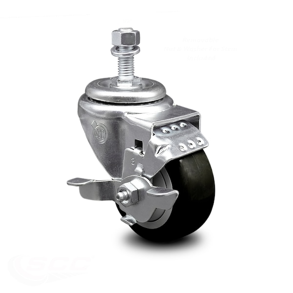 Service Caster 3.5 Inch Black Polyurethane Wheel Swivel 1/2 Inch Threaded Stem Caster with Brake SCC-TS20S3514-PPUB-BLK-TLB-121315 - main